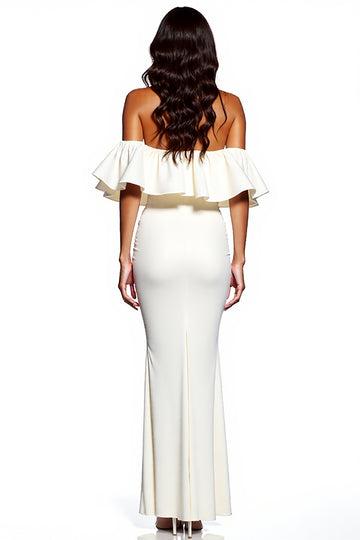 White Sheath Off The Shoulder Maxi Dress With Slit